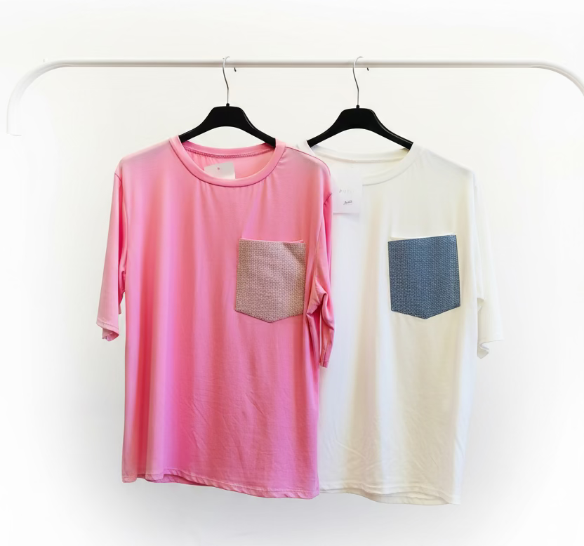 T-shirt cotone donna maniche tre quarti tasca brillantini