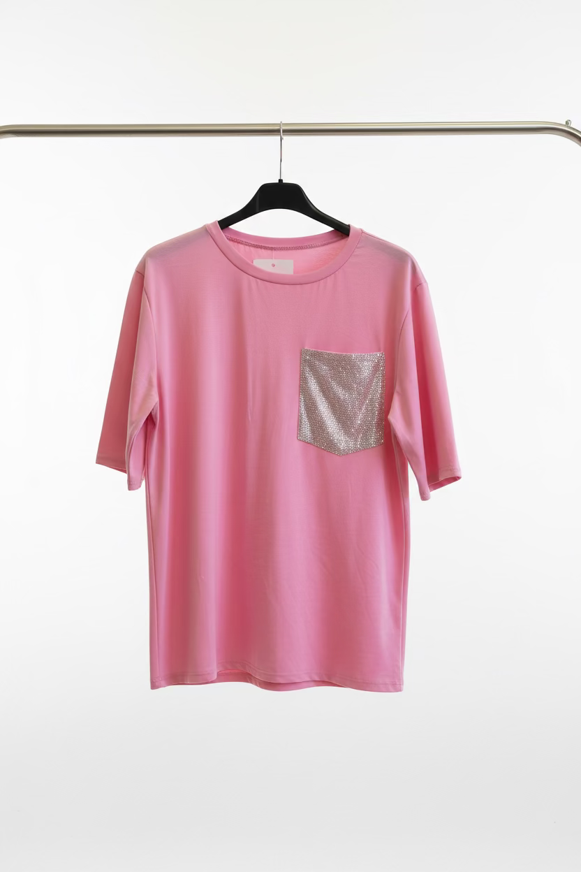 T-shirt cotone donna maniche tre quarti tasca brillantini