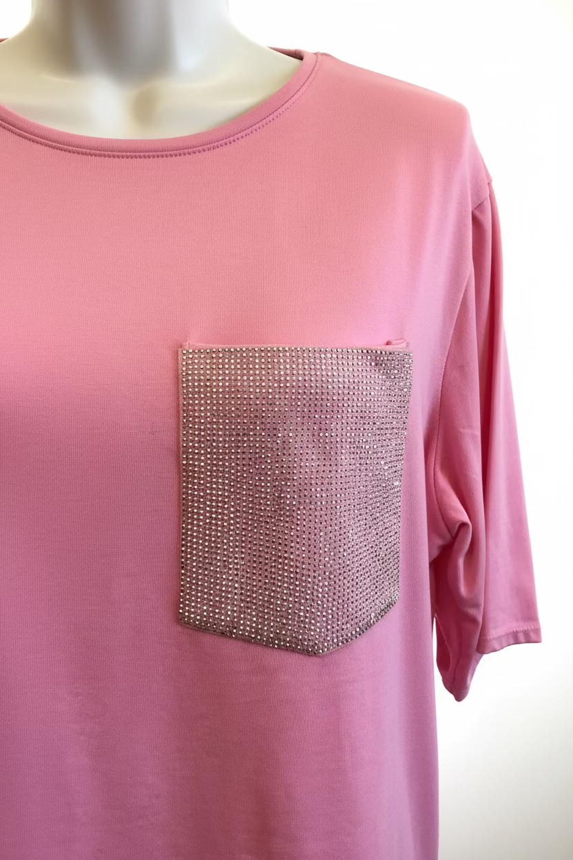T-shirt cotone donna maniche tre quarti tasca brillantini