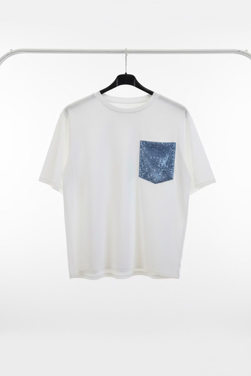 T-shirt cotone donna maniche tre quarti tasca brillantini