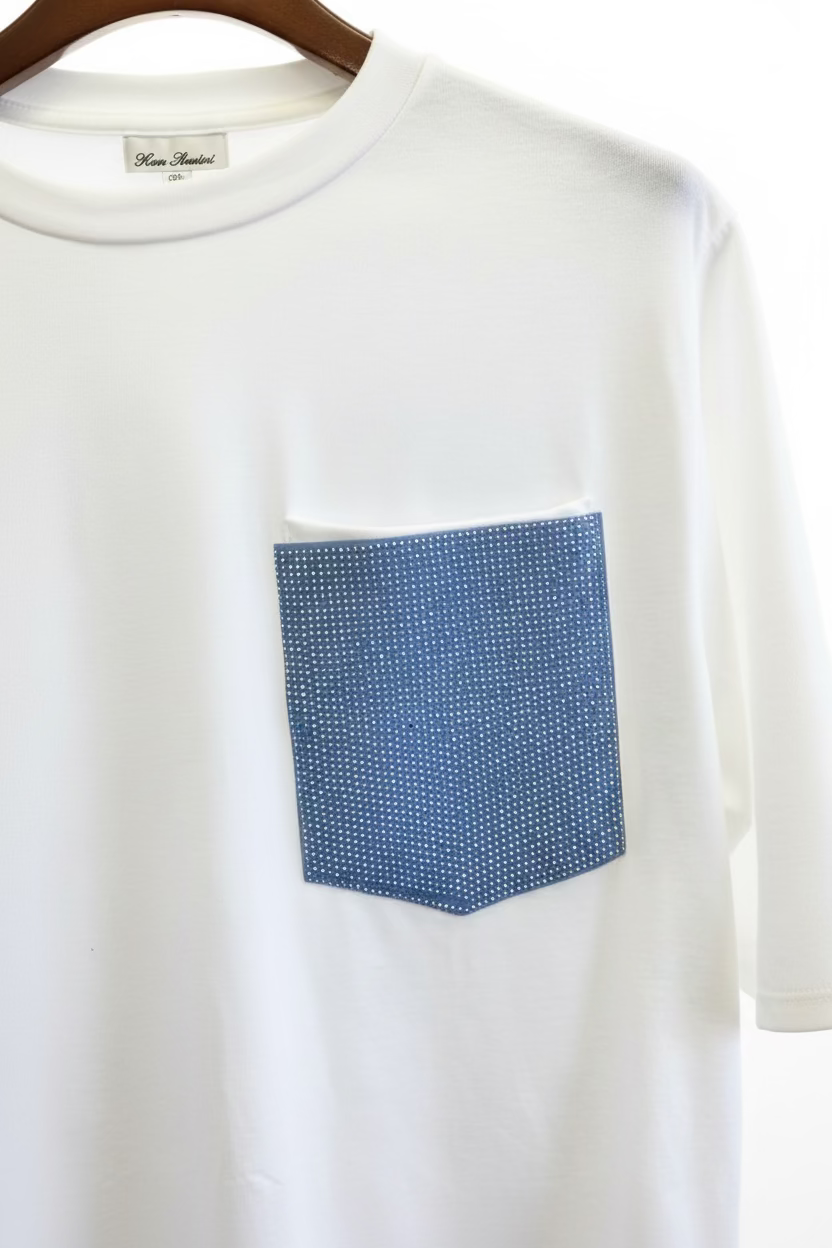 T-shirt cotone donna maniche tre quarti tasca brillantini