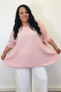 blusa curvy rosa cipria con brillantini