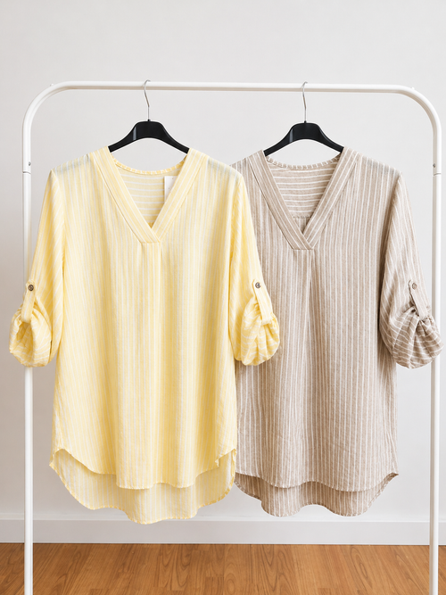 blusa curvy comoda a righe gialla e beige vestibilità morbida