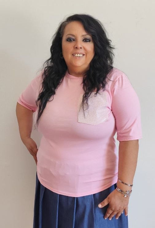 T-shirt cotone donna maniche tre quarti tasca brillantini