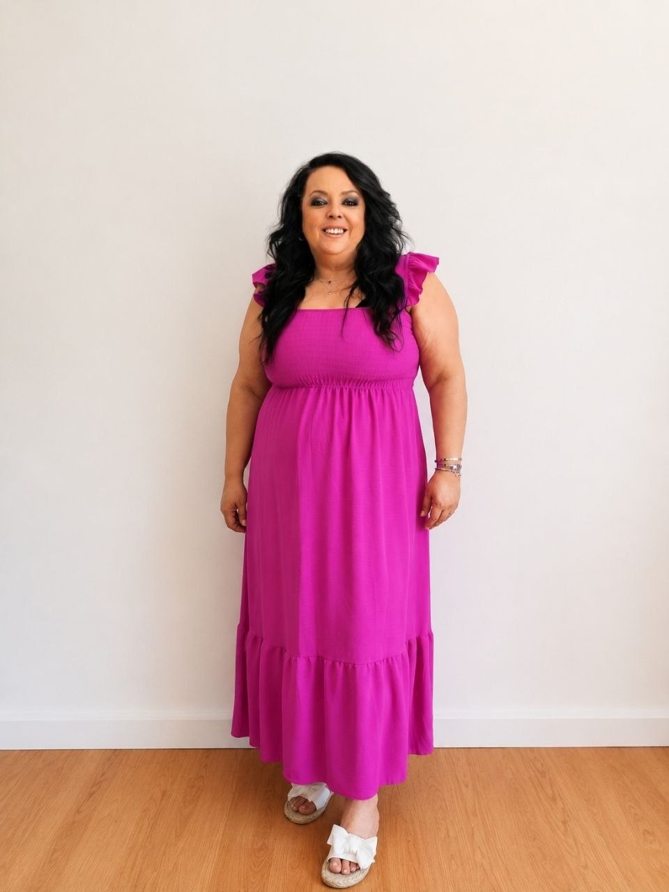 Vestito maxi fucsia donna curvy con spalline volant
