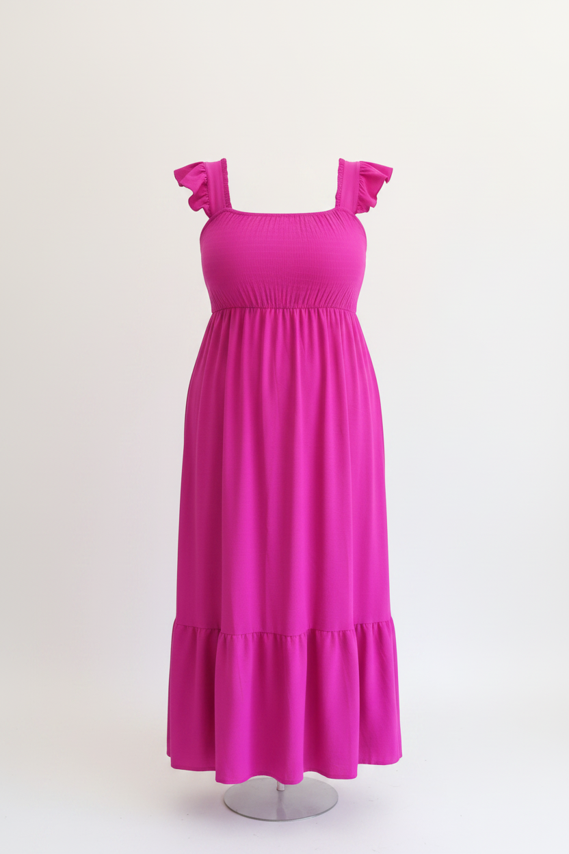 Vestito maxi fucsia donna curvy con spalline volant