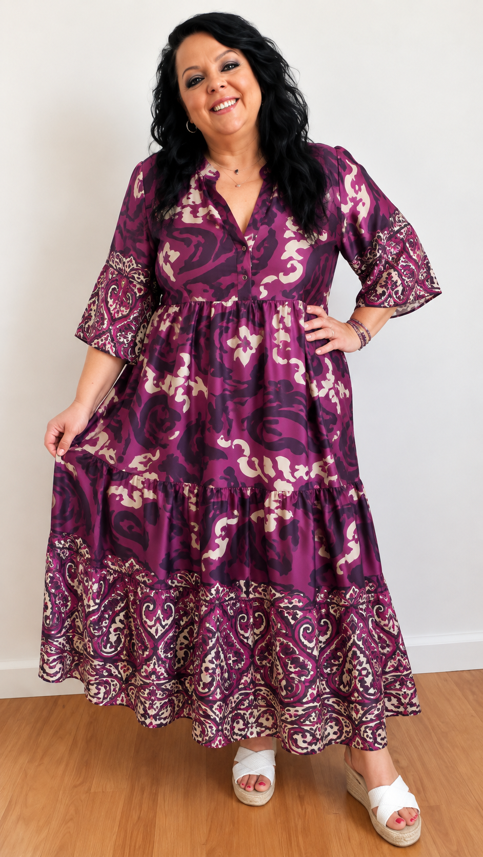 Abito Lungo Curvy Fantasia prugna con Maniche 3/4