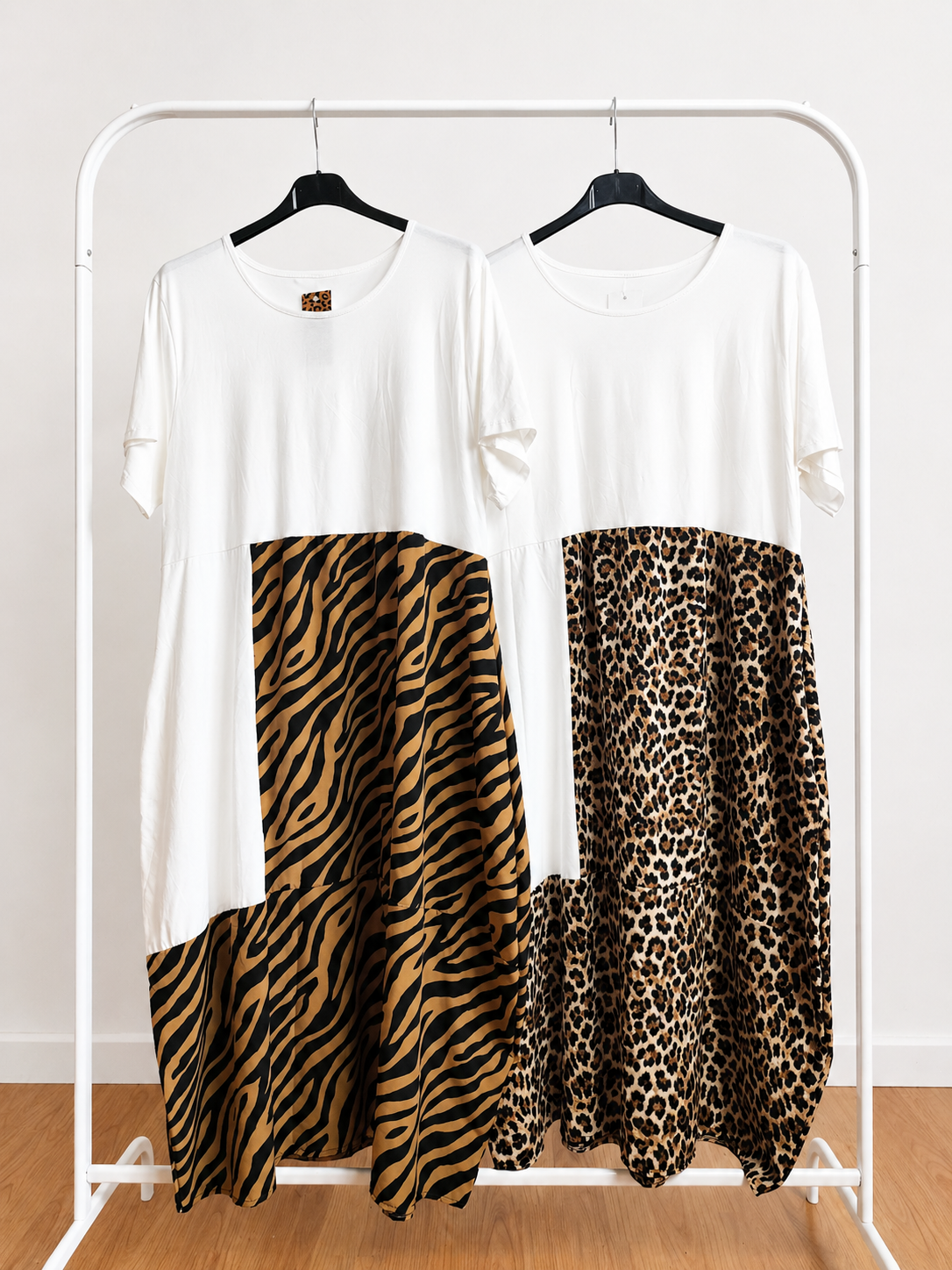 vestito curvy comodo bicolore animalier leopardato e zebrato